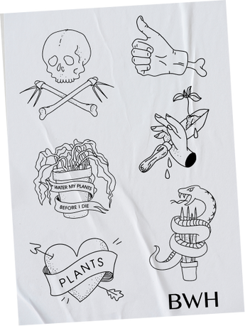 A sheet of temporary tattoos featuring various designs including a skull, a hand giving a thumbs up, and other botanical and edgy motifs.