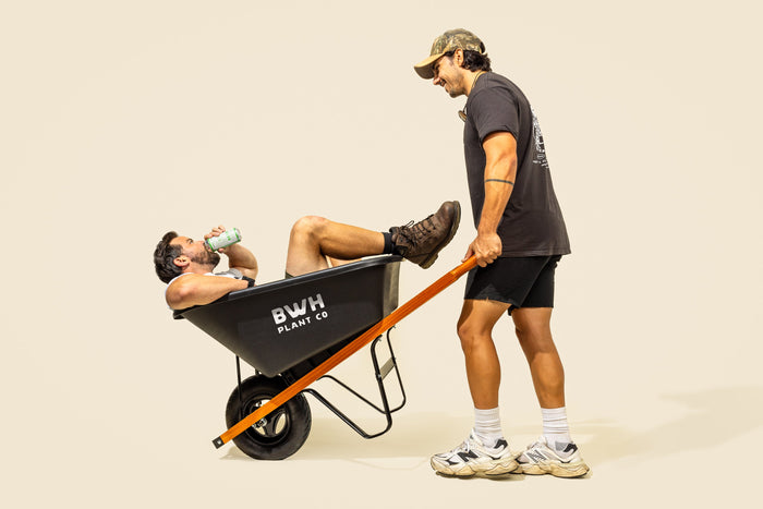 One person lounging in a wheelbarrow labeled 